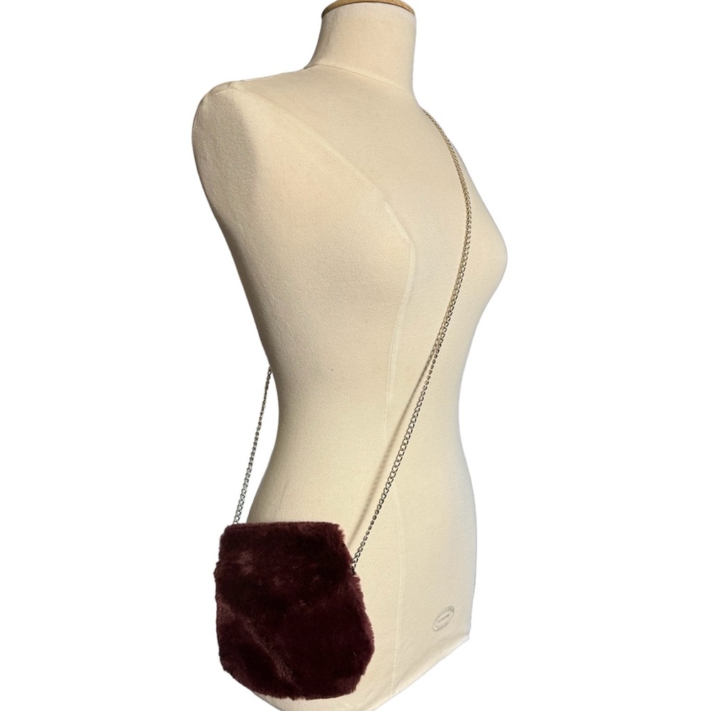 Faux Fur Crossbody Bag with Gold Chain Strap, Burgundy